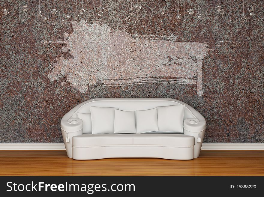 White sofa with grunge frame in grungy interior