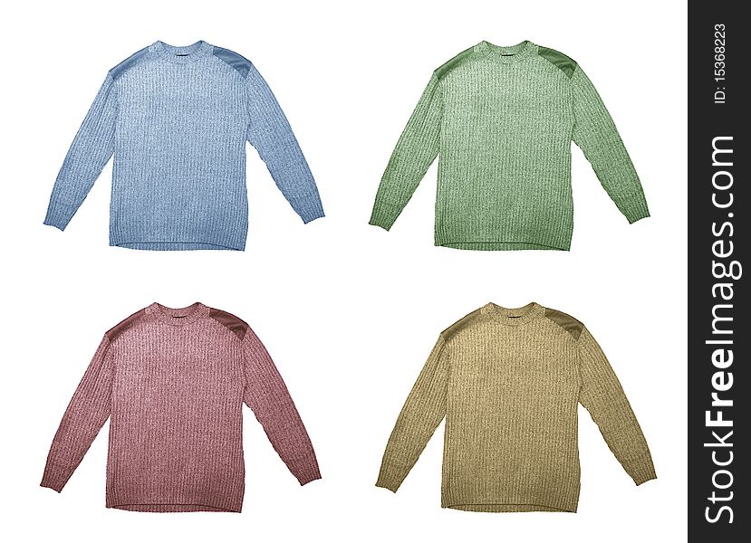 Four sweaters of different color isolated over white background