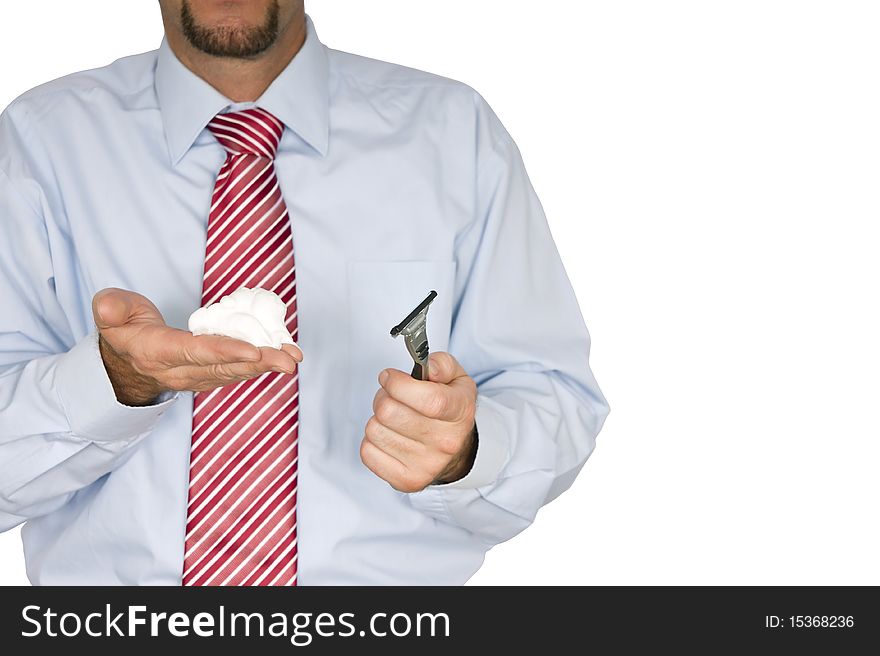 Man in shirt with foam and blades in hands