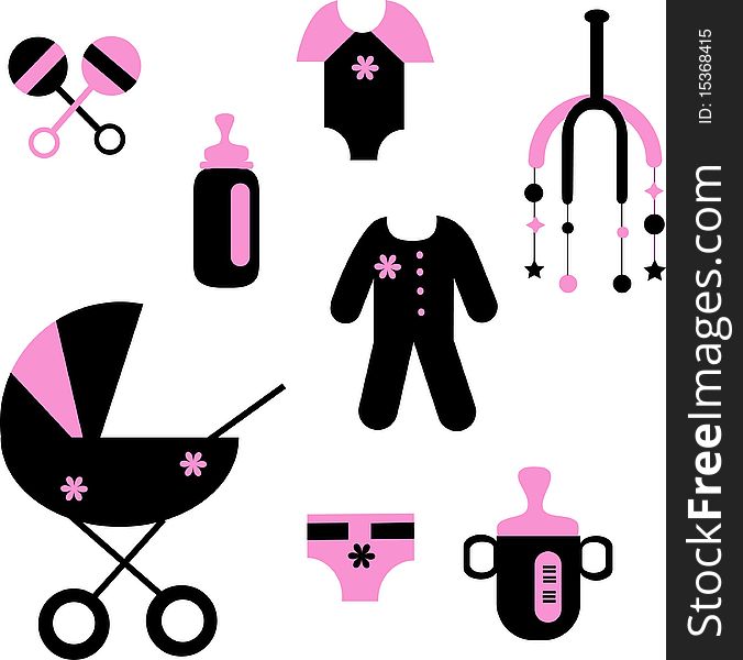 Baby set of toys and clothing, vector illustration