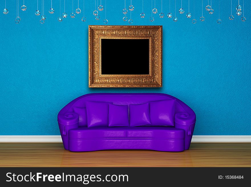 Alone purple sofa with picture frame in blue room