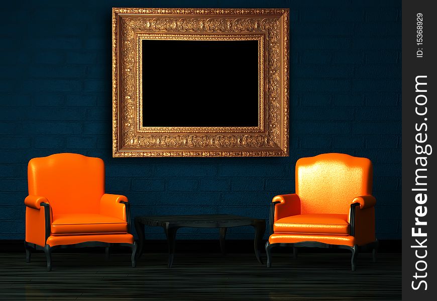Two orange chairs and wood table with empty frame in minimalist interior