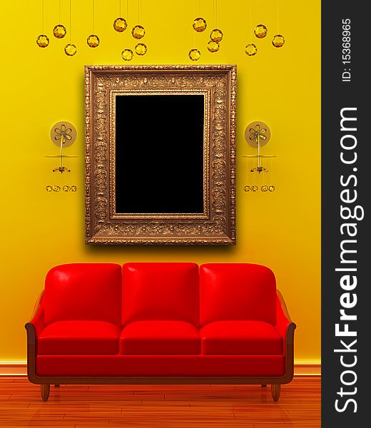 Red couch with empty frame and sconces