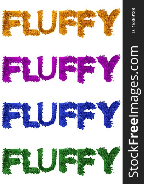 3d fluffy text isolated on white background. Text is in 4 colors lila, yellow, blue and green.