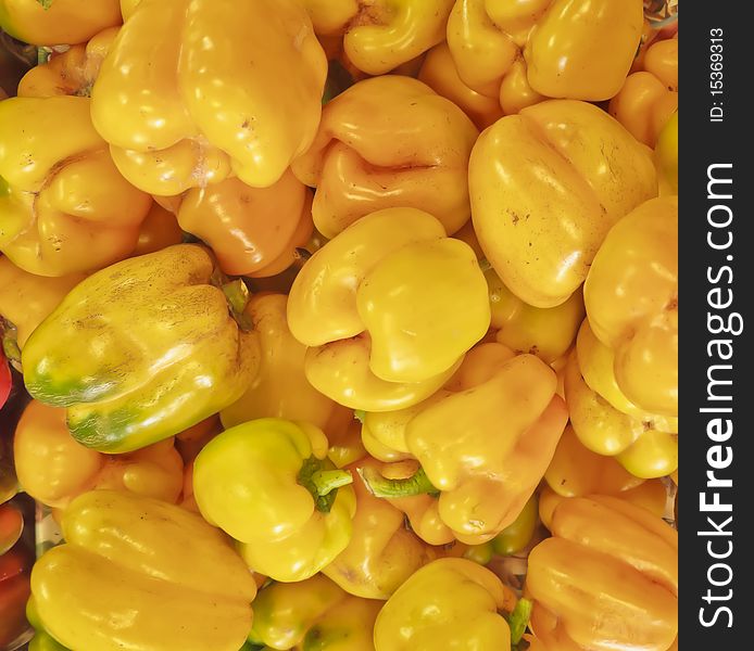 Newly harvested yellow pepper on sale in an Asian market