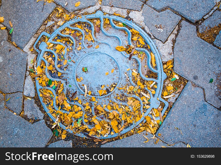 Looking down at manhole lid with yellow autumn leafs. Looking down at manhole lid with yellow autumn leafs