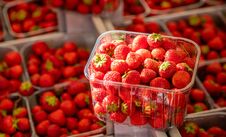 Strawberries In Plastic Containers At Farmers Market, Background, Texture Stock Photo