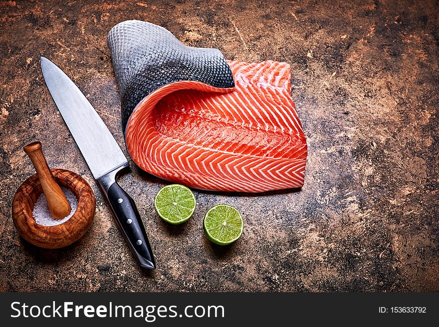 Fresh salmon steak red fish on grunge