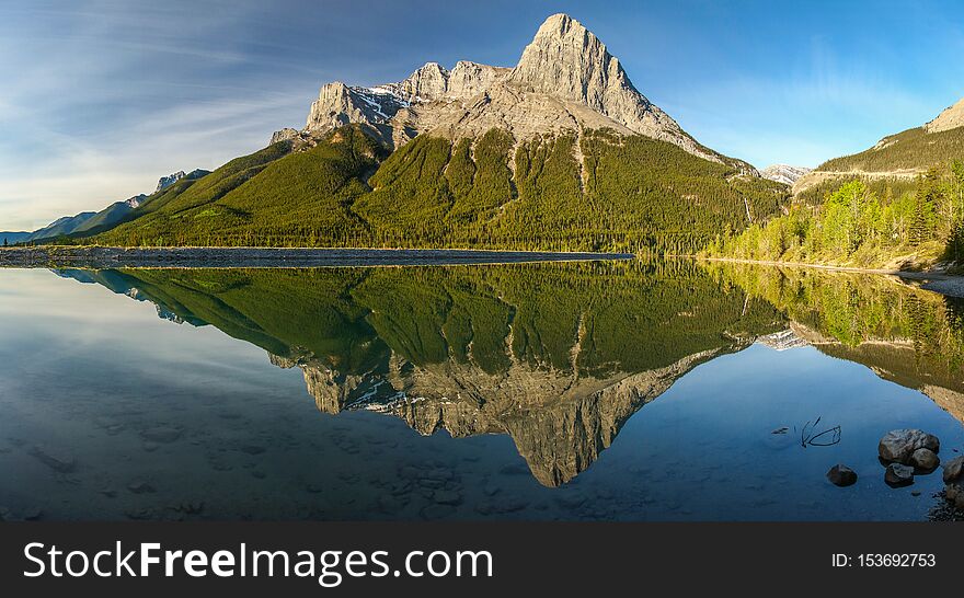 Panoramtic view of Mt. Lawrence Grassi mountain range near Canmore, Canada