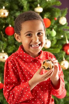 Boy Eating Mince Pie In Front Of Christmas Tree Stock Image Boy Eating Mince Pie In Front Of Christmas Tree Stock Image