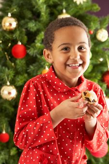 Boy Eating Mince Pie In Front Of Christmas Tree Stock Images Boy Eating Mince Pie In Front Of Christmas Tree Stock Images