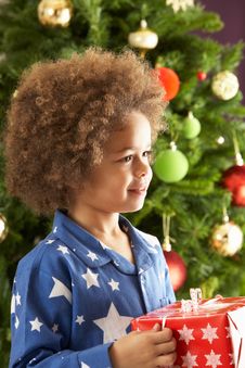Boy Holding Gift In Front Of Christmas Tree Royalty Free Stock Photography Boy Holding Gift In Front Of Christmas Tree Royalty Free Stock Photography