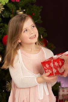 Girl Holding Present In Front Of Christmas Tree Royalty Free Stock Photo Girl Holding Present In Front Of Christmas Tree Royalty Free Stock Photo