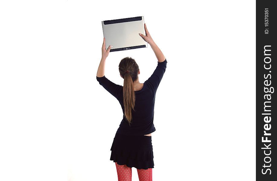 Smiling elderly senior woman with laptop at home