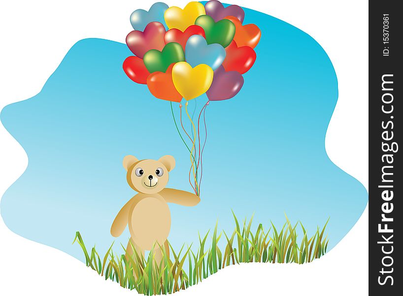 Editable vector illustration with teddy bear holding colorful balloons