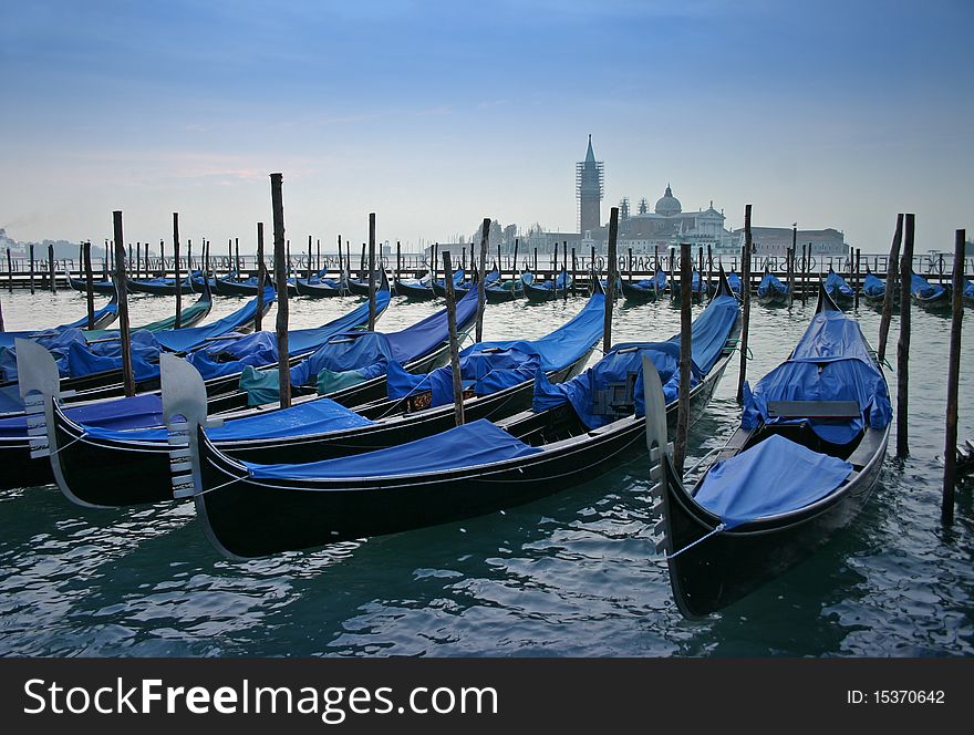 Gondolas in front of the Doge's Palace, Venice, Italy
