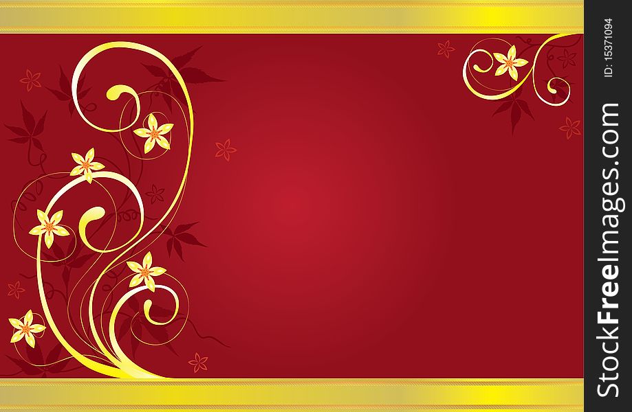 Red background with decorative curls, leaves and yellow flowers. Red background with decorative curls, leaves and yellow flowers