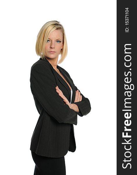 Businesswoman with her arms crossed isolated on a white background. Businesswoman with her arms crossed isolated on a white background