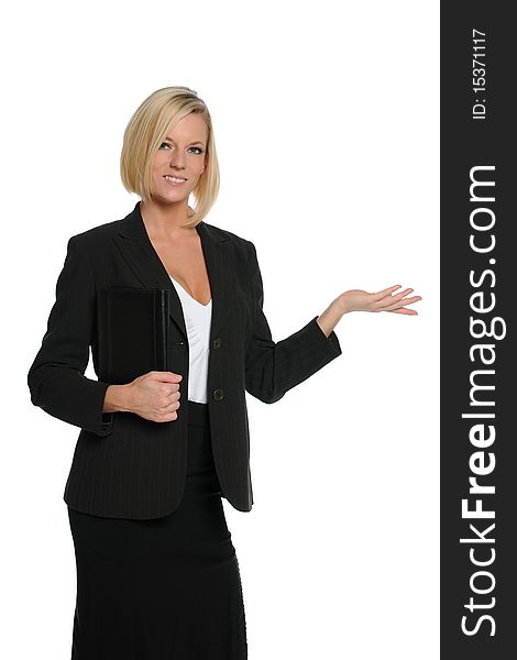 Businesswoman holding a portfolio isolated on a white background