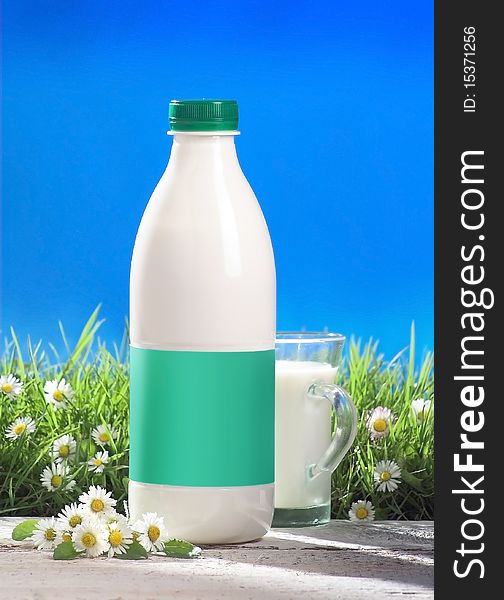 Bottle and glass of milk with blank label outside, grass and flovers. Bottle and glass of milk with blank label outside, grass and flovers