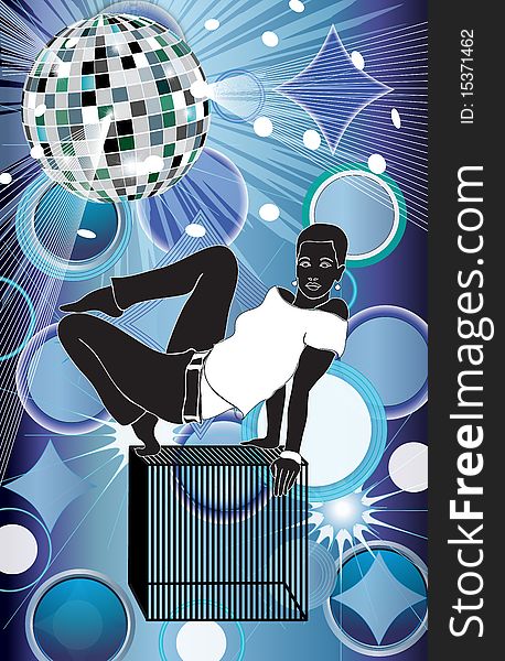 A composition with a girl on the cube in the disco club