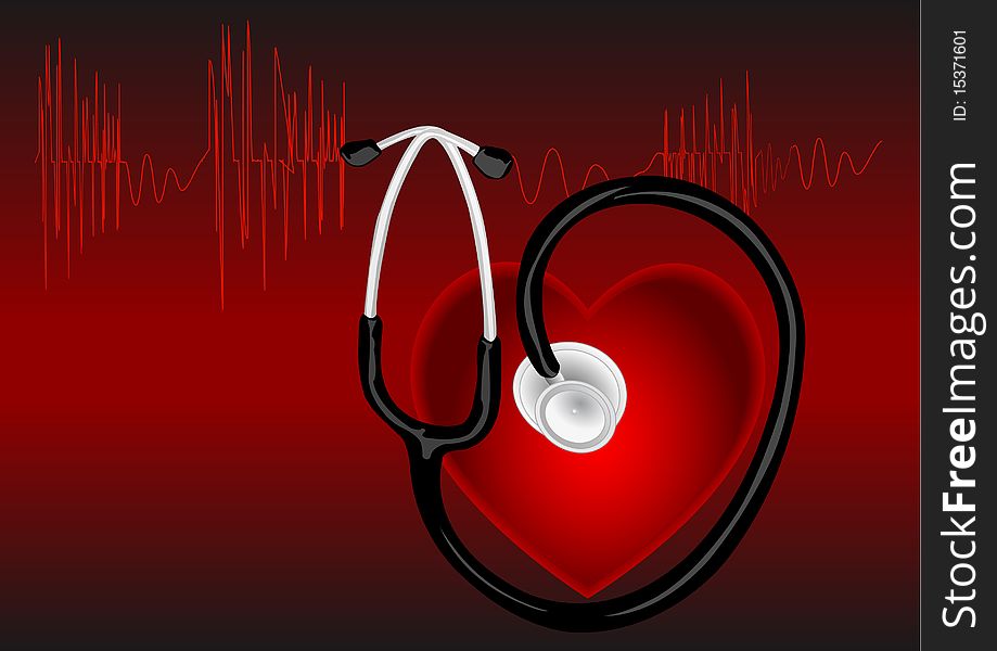 The cardiogram of red color on red background with heart