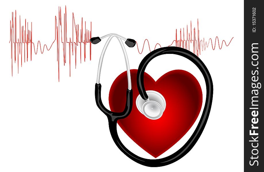 The cardiogram of red color onwhite background with heart