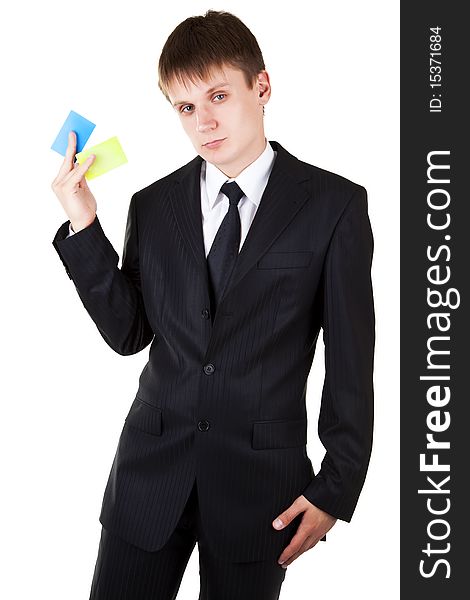 Business man demonstrate credit cards on white background