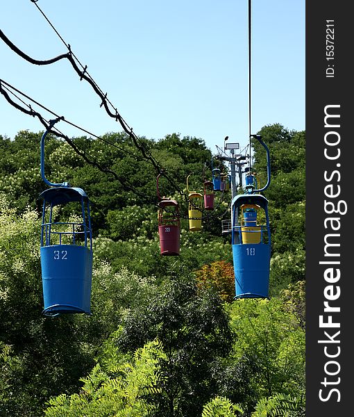 Image of funicular with empty cabs over trees