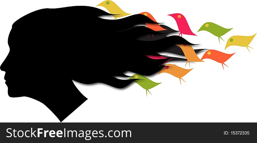 An illustration of Blowing hair with colorful  birds. An illustration of Blowing hair with colorful  birds