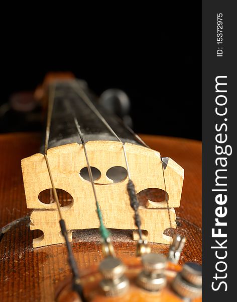 Close up shot of a violin with the bridge in sharp focus. Close up shot of a violin with the bridge in sharp focus