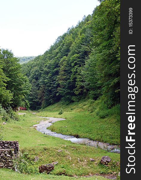 Beautiful landscape with curved trace of a river in mountains forest. Beautiful landscape with curved trace of a river in mountains forest