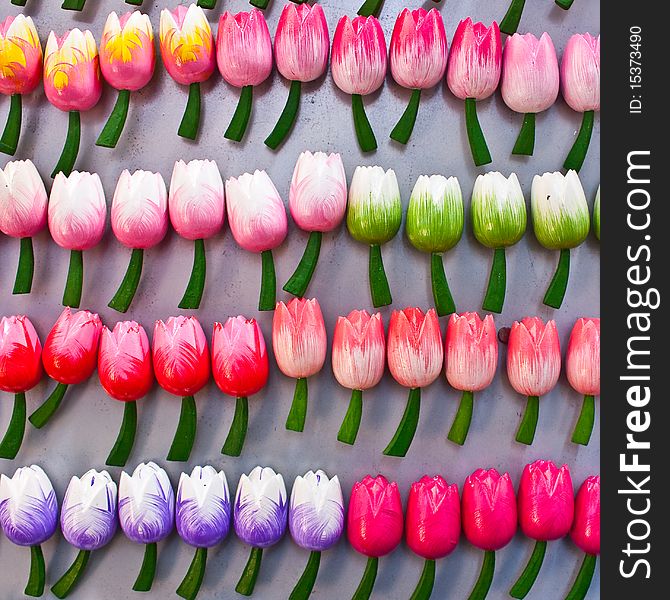 Traditional tulips made of wood in Amsterdam shop