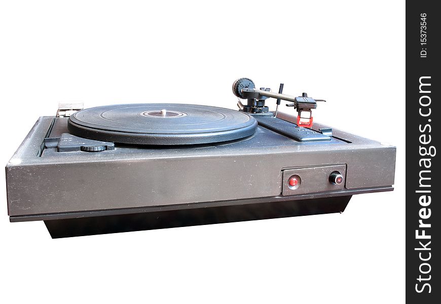 Old dusty vinyl turntable player isolated over white background