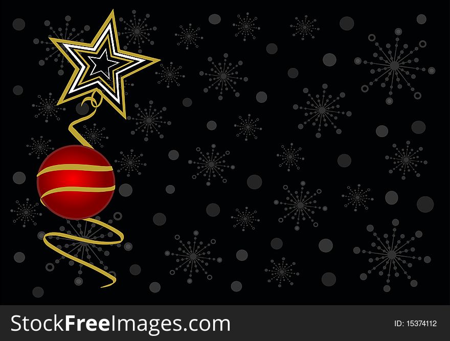 Christmas background with red balls and flakes