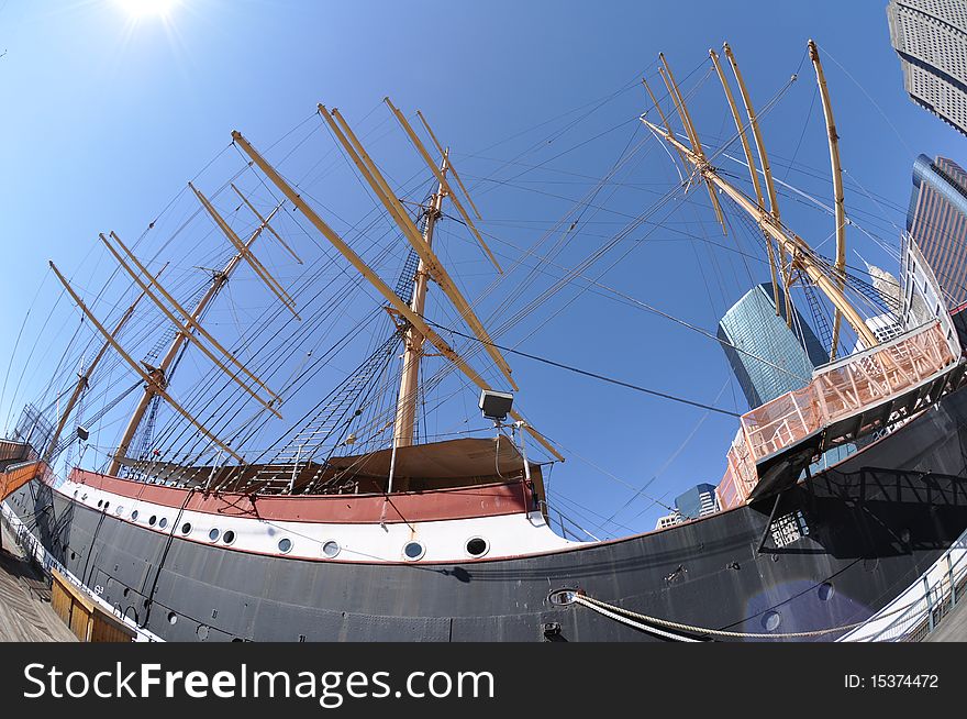 Area around South Street Seaport in New York City on a summer morning.