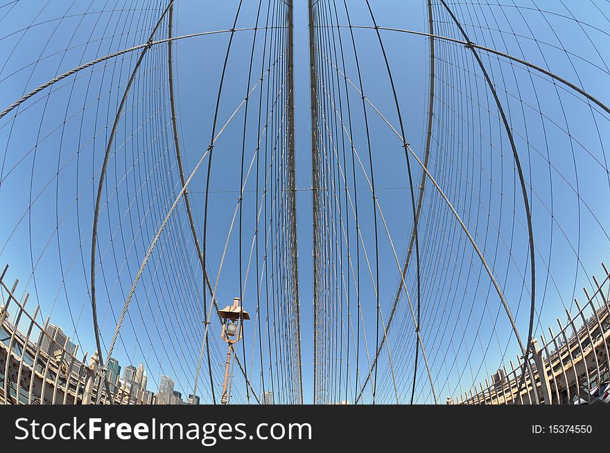 Fisheye shot of brooklyn bridge in new york city