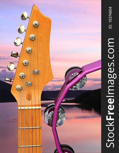 Image of musical instruments with the sunset background. Image of musical instruments with the sunset background