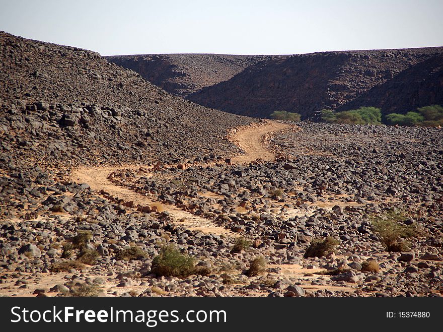 Trail in the desert of Libya, in Africa. Trail in the desert of Libya, in Africa