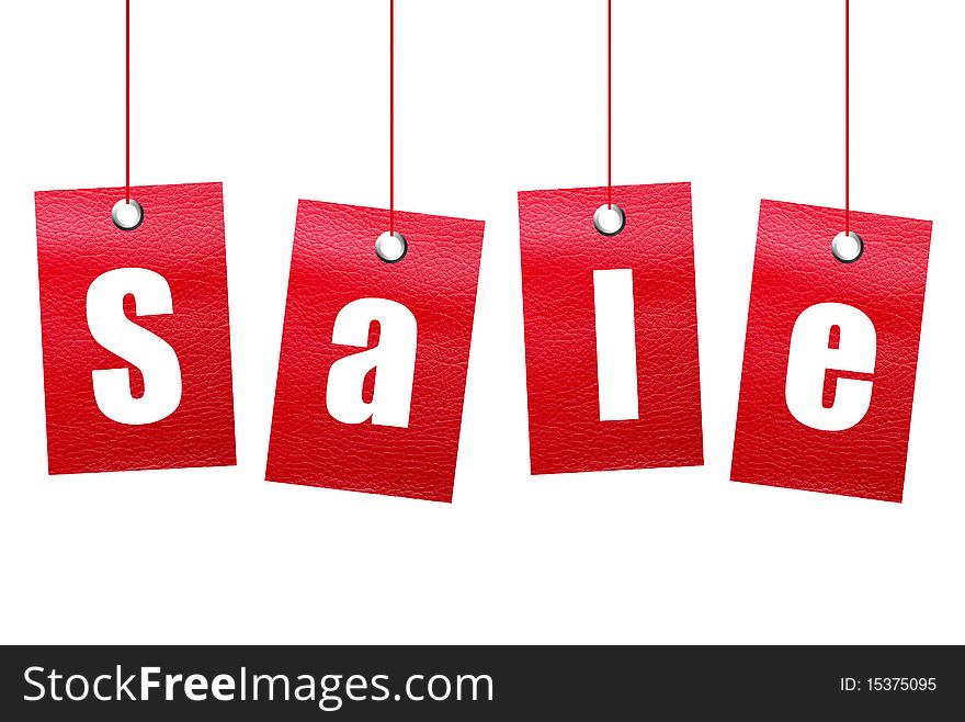 Red hanging sale labels over white background. Isolated illustration