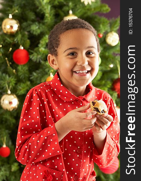 Young Boy Eating Mince Pie In Front Of Christmas Tree