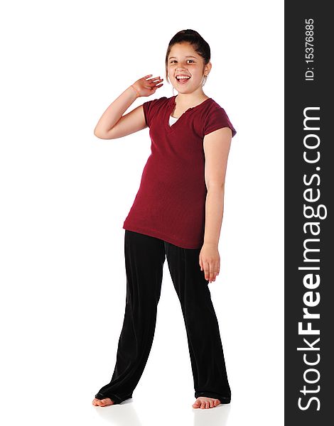 A happy, barefoot preteen girl waving hi. Isolate3d on white. A happy, barefoot preteen girl waving hi. Isolate3d on white.