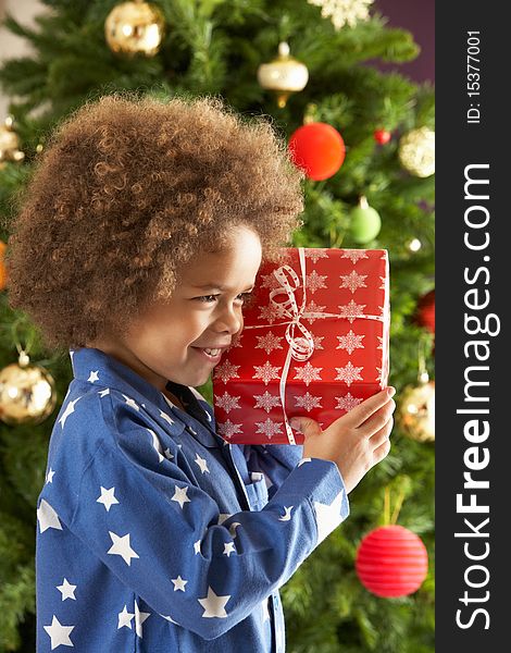 Boy Holding Gift In Front Of Christmas Tree