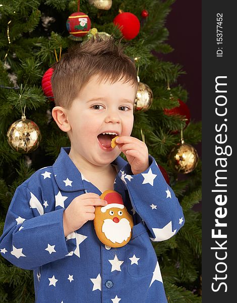 Boy Eating Cookie In Front Of Christmas Tree