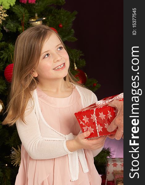 Young Girl Holding Christmas Present In Front Of Christmas Tree. Young Girl Holding Christmas Present In Front Of Christmas Tree