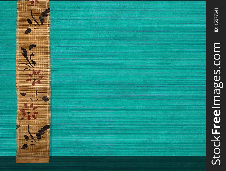 Flower bamboo banner on aquamarine ribbed wood textured background