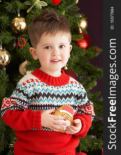 Boy Eating Cookie In Front Of Christmas Tree