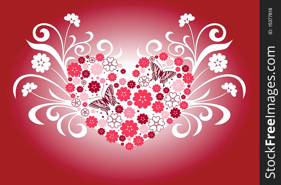 Floral heart shape background. Vector Illustration