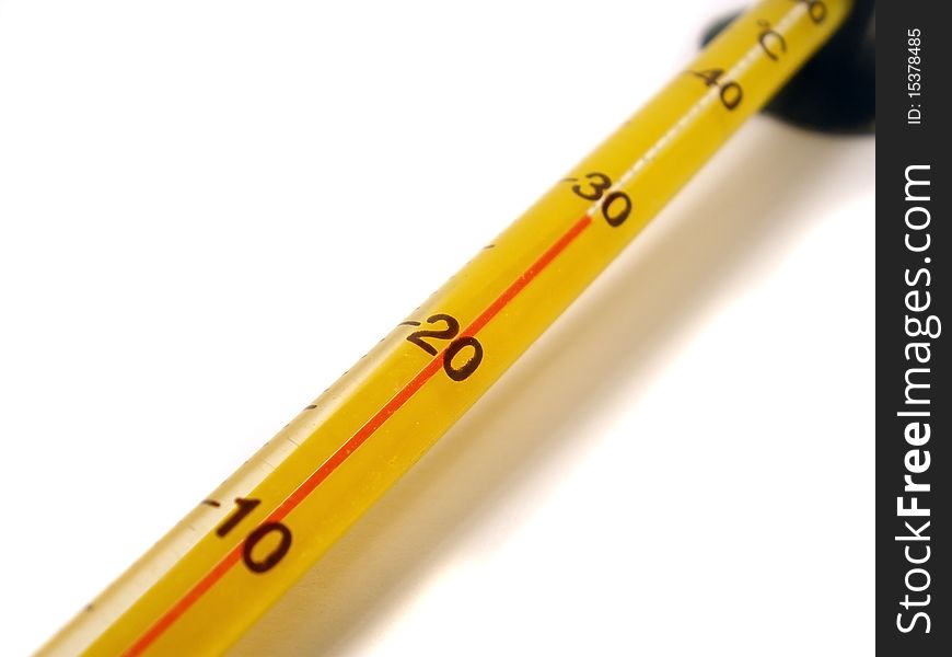 Yellow Thermometer on the white isoale background