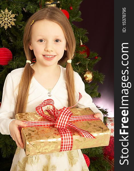 Girl Holding Christmas Present In Front Of Tree